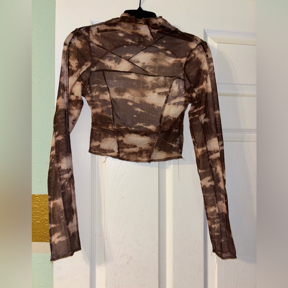 Jluxlabel Brown Tie-Dye Mesh Long Sleeve Top Size Smalll